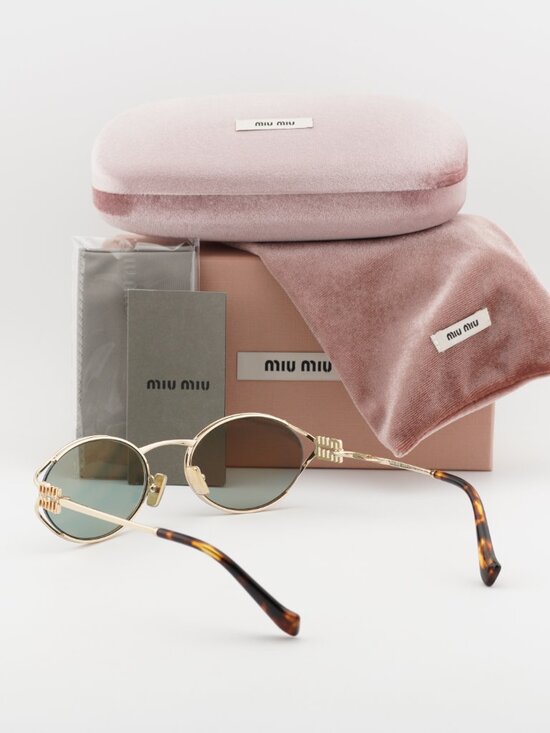 Miu Miu MU52YS 5AK04M Oval Sunglasses – Gold\\Green Mirror Internal Silver